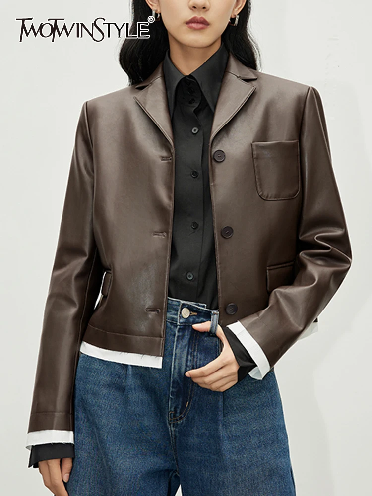 

TWOTWINSTYLE Solid Leather Jackets For Women Lapel Long Sleeve Patchwork Single Breasted Vintgae Minimalist Jacket Female Style