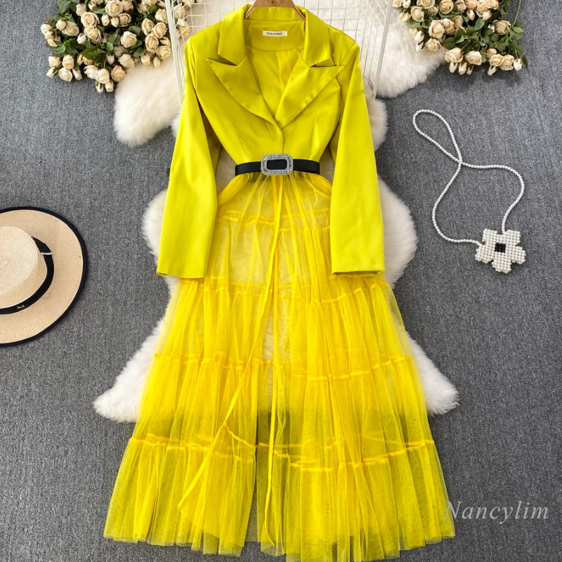 

French Style Suit Stitching Mesh Dress for Women 2023 Summer New Business Woman's Clothing Belt Waist Long Sleeve Blazer Dress