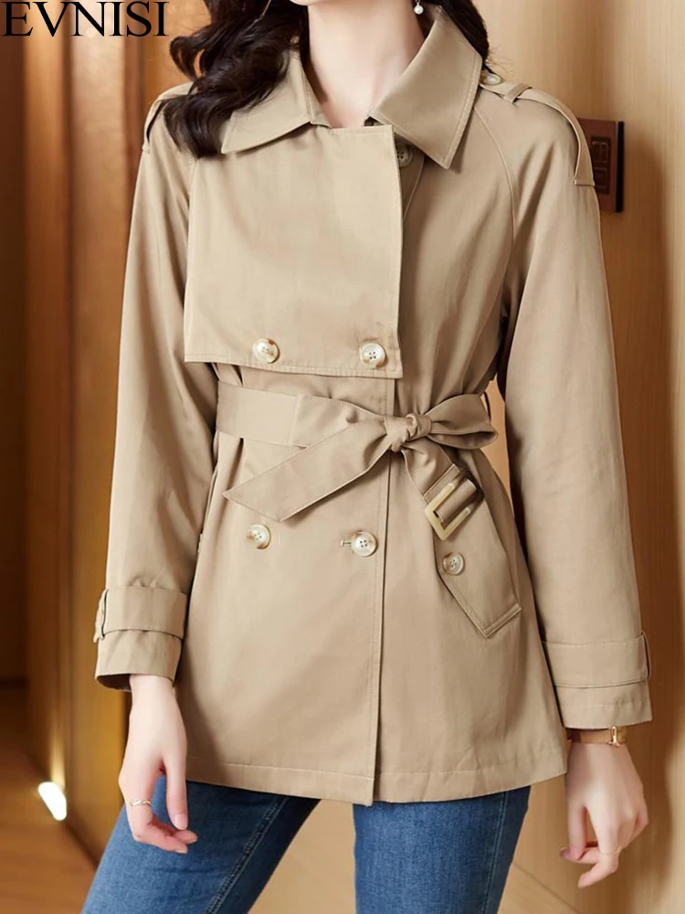 

EVNISI Khaki Trench Coat With Pocket Double Breasted Lace-up Windbreaker Turn-down Collar High Street All-match Lady Jackets
