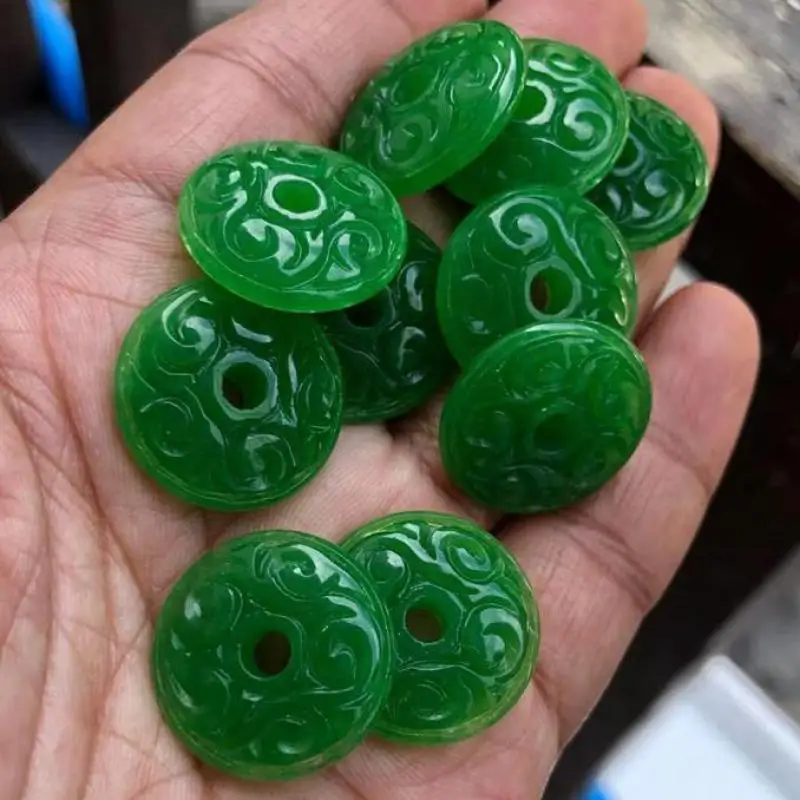 

Natural Green Jadeite Myanmar Jades Exquisite Pattern Round Flat Beads For Jewelry Making Diy Bracelet Necklace Accessories