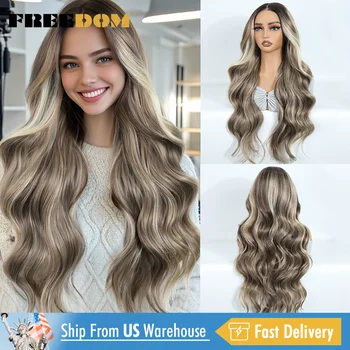 FREEDOM Synthetic Lace Front Wigs For Woman Long Body Wave 6x4 Lace Wig Ombre Brown Pre Plucked Pre Cut Wear and Go Glueless Wig 1