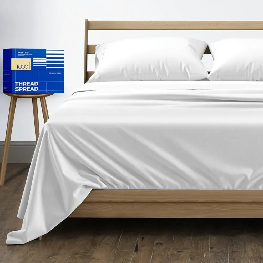 

Pure large cotton bed sheet set (large, 1000 threads) Bright white bedding pillowcase (4 pieces) Satin sheets