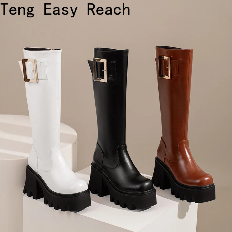 Long Women Boots 2022 Winter Platform Black High Heels Punk Thick Bottom Side Zipper Over Knee Boots New Leather Knight Boots