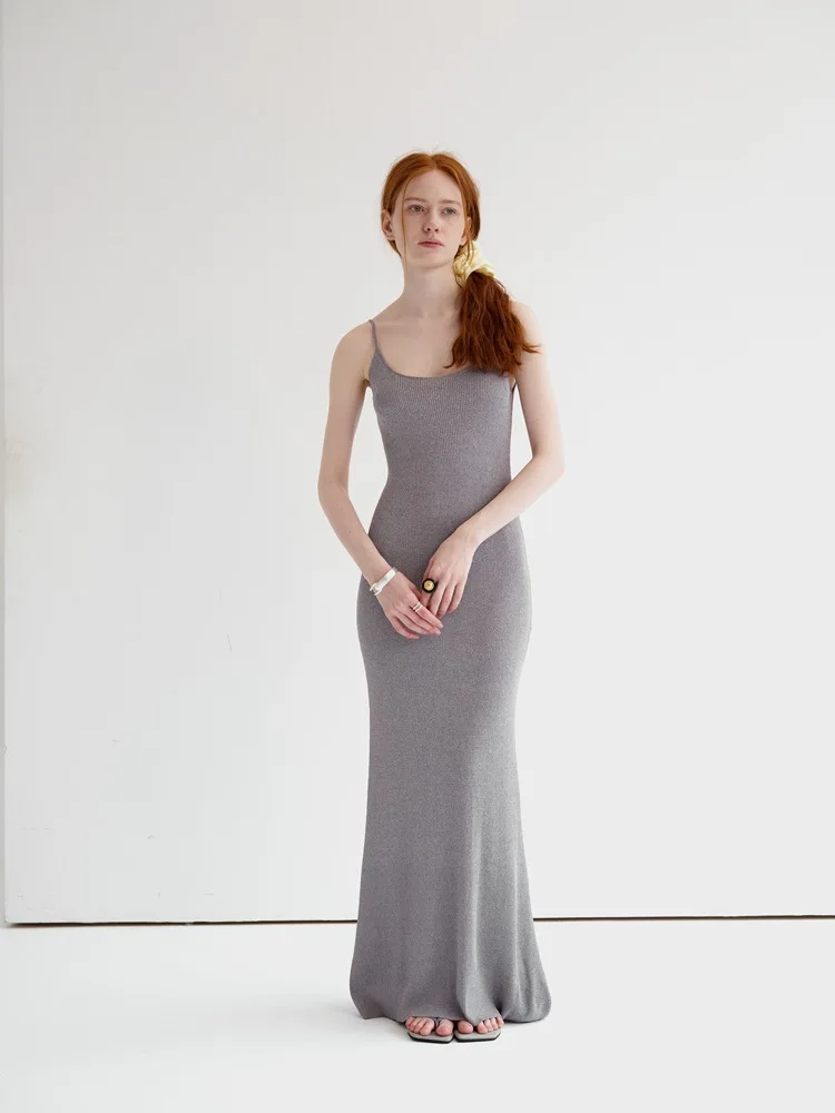 

Solid Casual Gray Thin Shoulder Strap Knit Dress for Women's Summer New Slim Fit and Slim U-neck Temperament Sleeveless Dresses