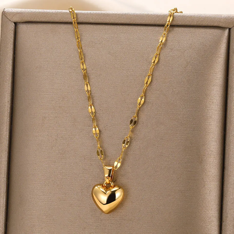 Collier Pour Femme En Acier Inoxydable Doré - Chaine Avec Pendentif Cœur, Longueur Réglable