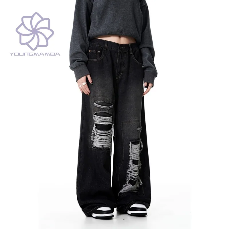 

American Style Ripped Jeans Women High Street Straight Leg Retro Loose Denim Pants Female Wide Leg Trousers Trend