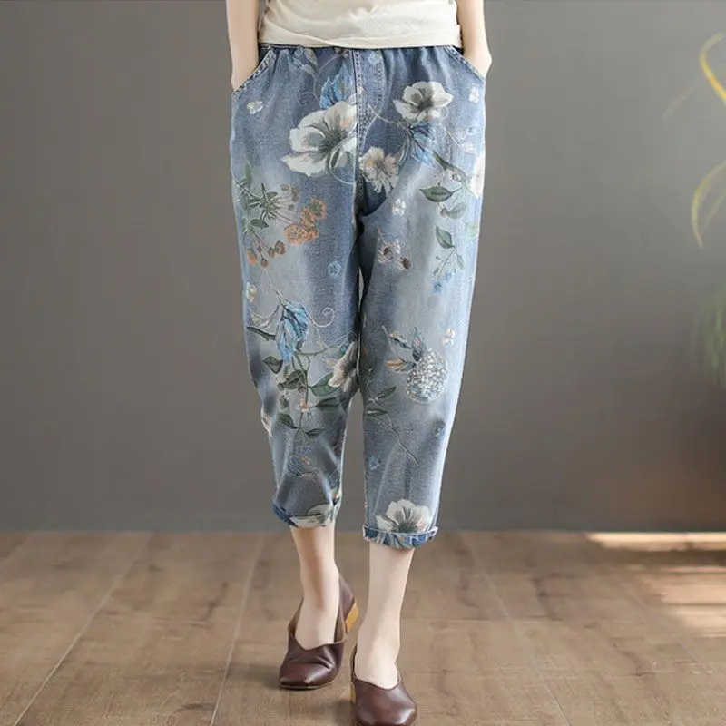 Vintage Fashion Floral Loose Oversized High Waist Straight Women's Clothing Elastic Spliced Pocket 2023 Summer New Cropped Jeans