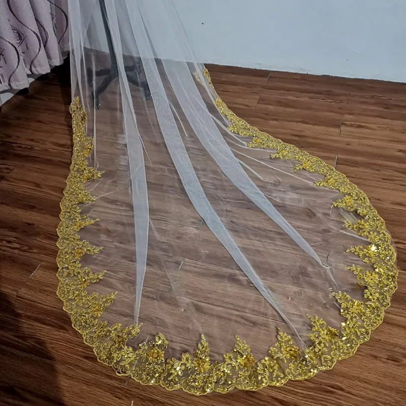 Voile en dentelle à paillettes dorées brillantes, accessoires de mariage cathédrale, mariée avec peigne à cheveux, voile de tête charmant, 2023 nouveau