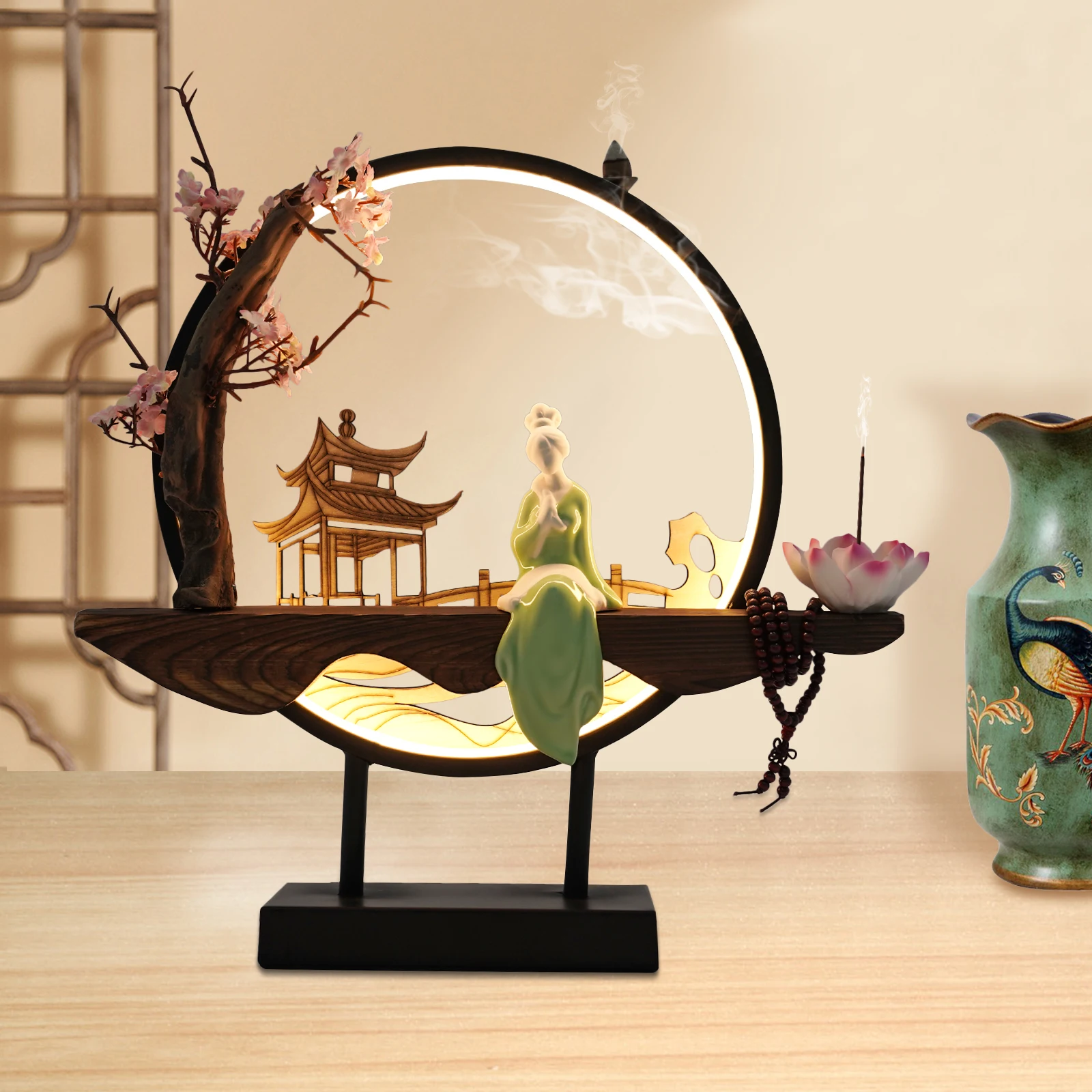 

Realistic Waterfall Ceramic Backflow Incense Burner Holder, Round, Buddhist Bead Lotus Heart, For Library and Meditation Room