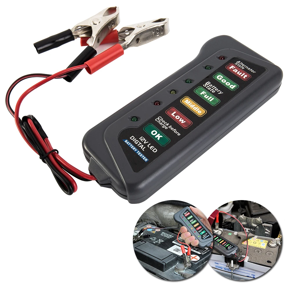 TESTER DIGITALE PER CARICA BATTERIA E TEST ALTERNATORE AUTO, MOTO 12V, A LED