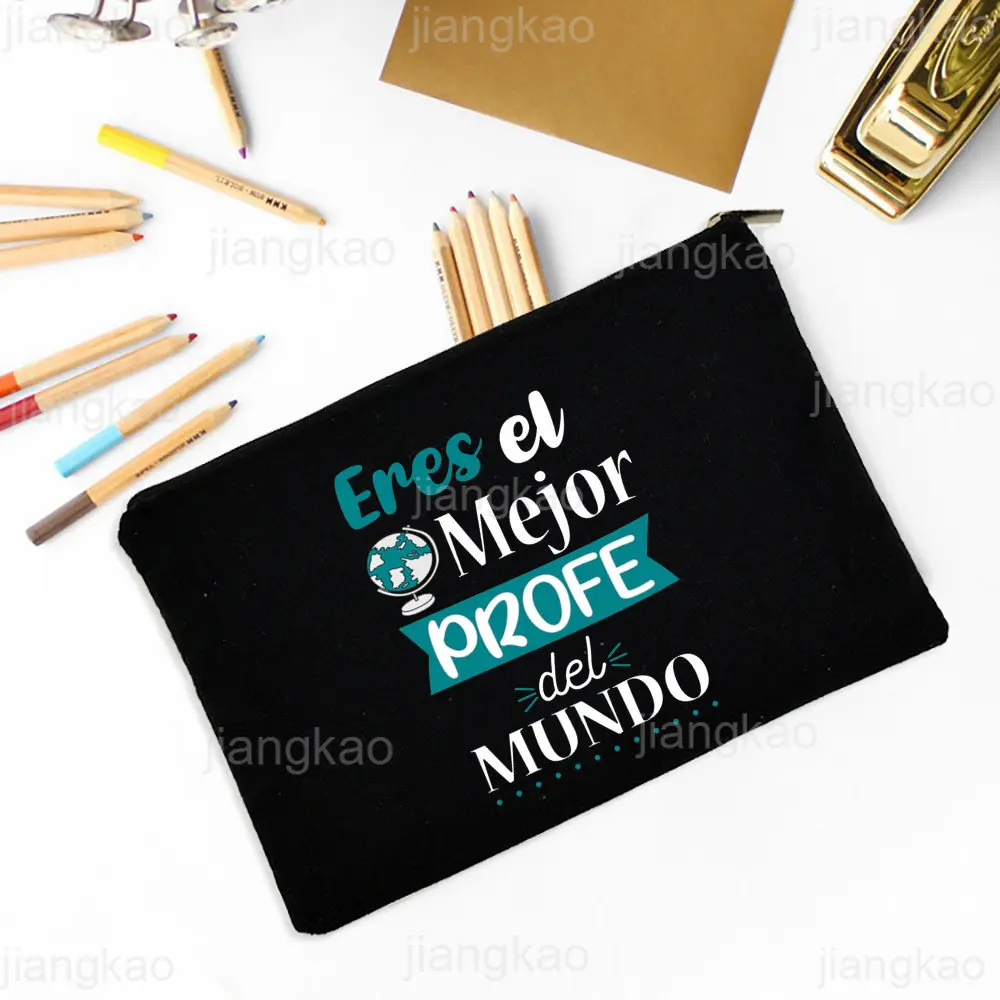Best Teacher In The Word Spanish Print Pencil Bag School Stationery Supplies Storage Bags Travel Makeup Bag Toiletry Pouch Gifts 4