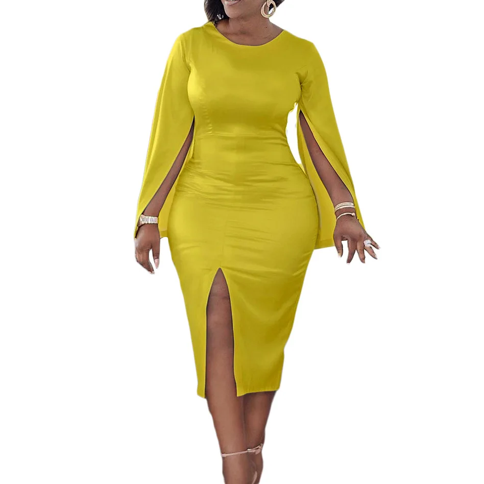 

African Dresses for Women Summer African Women Elegent Cloak Sleeve O-neck Pink Yellow Silver Solid Color Knee-length Dress