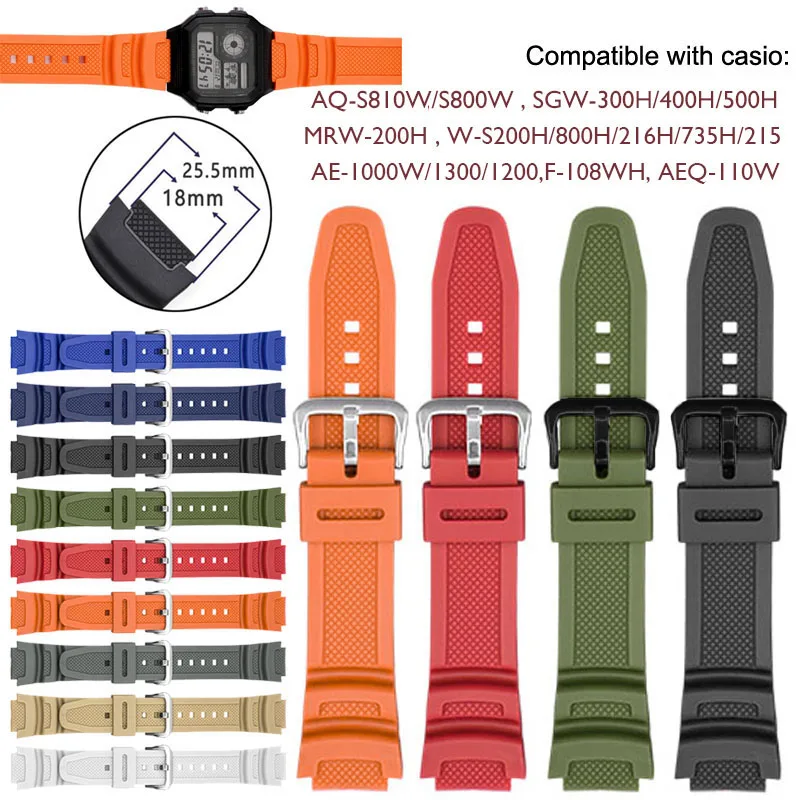 

For Casio Electronic Sport Watch Strap18mm Rubber Watchband for Casio AQ-S800W AE-1000W SGW-300H W-735H Watch Silicone Wristband