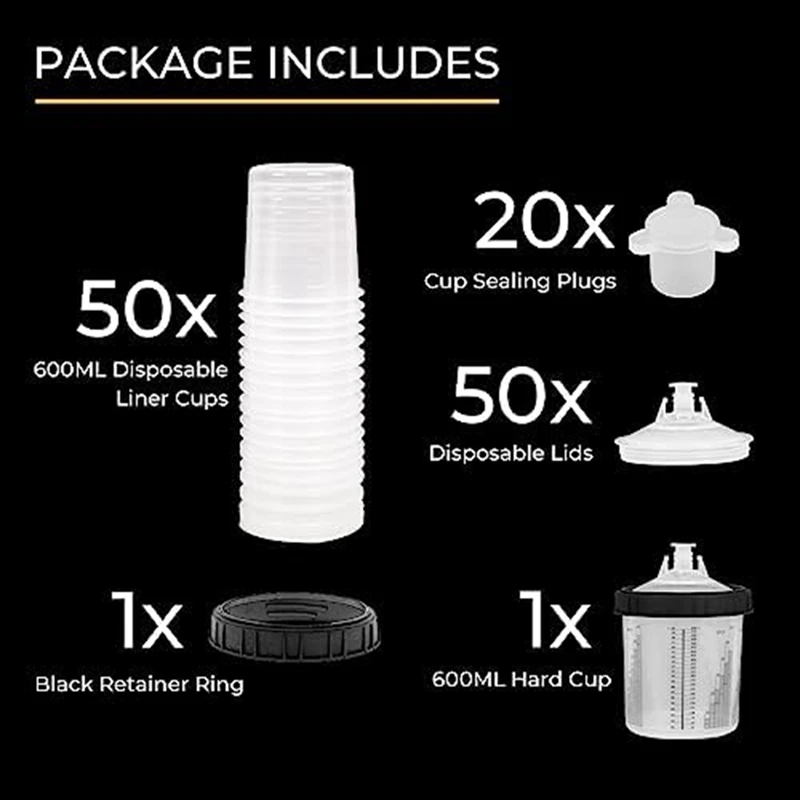 Paint Gun Cup Liner And Lid System As Shown Plastic 50 Lids 50 Liners 1 Hard Cup With Retaining Ring And 20 Sealing Plugs