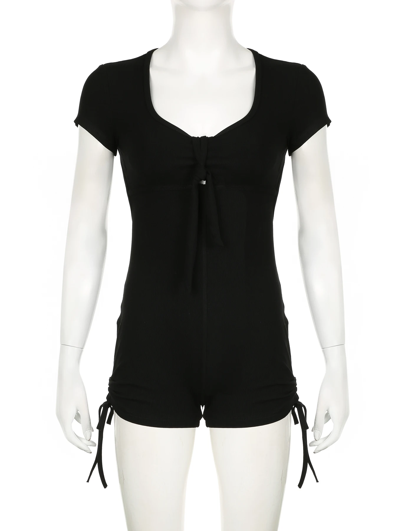 IAMSURE Sporty Activewear Sexy Hollow Out Playsuits Slim Solid Backless Drawstring Square Collar Short Sleeve Rompers Women 2024
