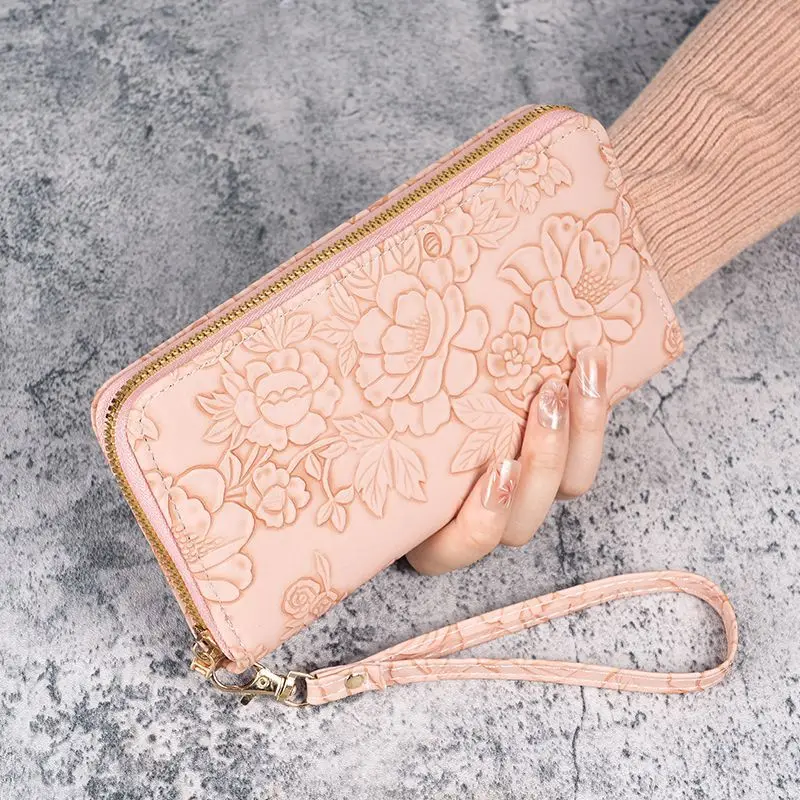 Floral Embossed Leather Women's Long Wallet – Hand-Painted Design with Phone and Card Holder