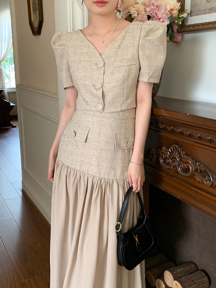 

QOERLIN Stylish Office Ladies V Neck Blazer Single-Breasted Cropped Tops Back Zipper Black Pleated Skirts Suits Two Piece Sets
