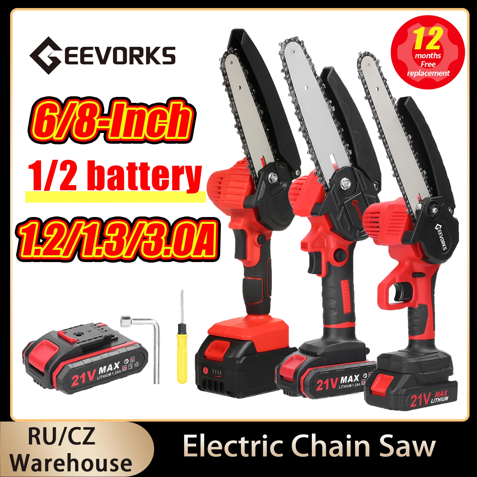 Geevorks 6/8 Inch Electric Chain Saw 1.2/1.3/3.0Ah Cordless Handheld