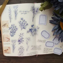 

38pcs Pen Drawing Blue Morning Glory Style PVC Sticker and Writing Mini Card Scrapbooking DIY Gift Packing Label Decoration Tag