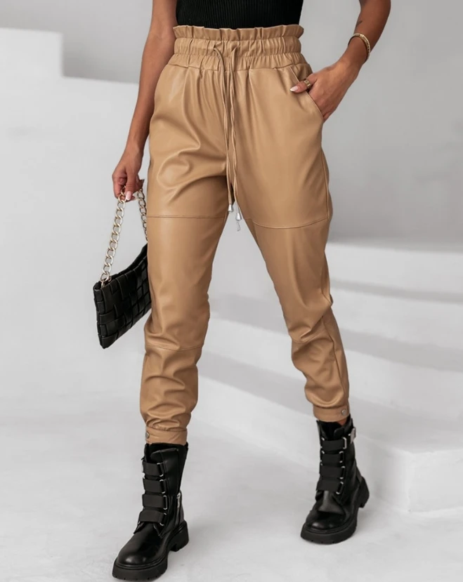 Women's Cropped Pants 2023 Fashion Street Trend High Waisted Pants Plain Pu Leather Drawstring Pocket Design Cuffed Pants