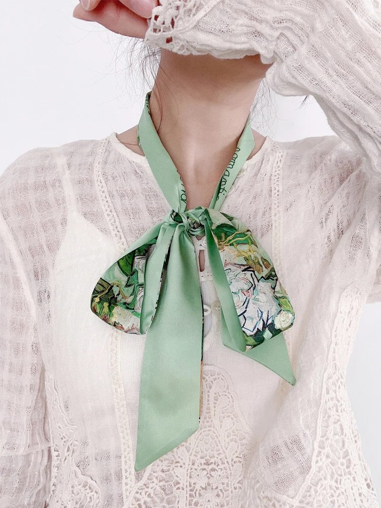 

New Men's Original Design White Rose Van Gogh Light Green Bow Tie Imitation Silk Narrow Long Scarf Hair Band Bundle Girl Necktie