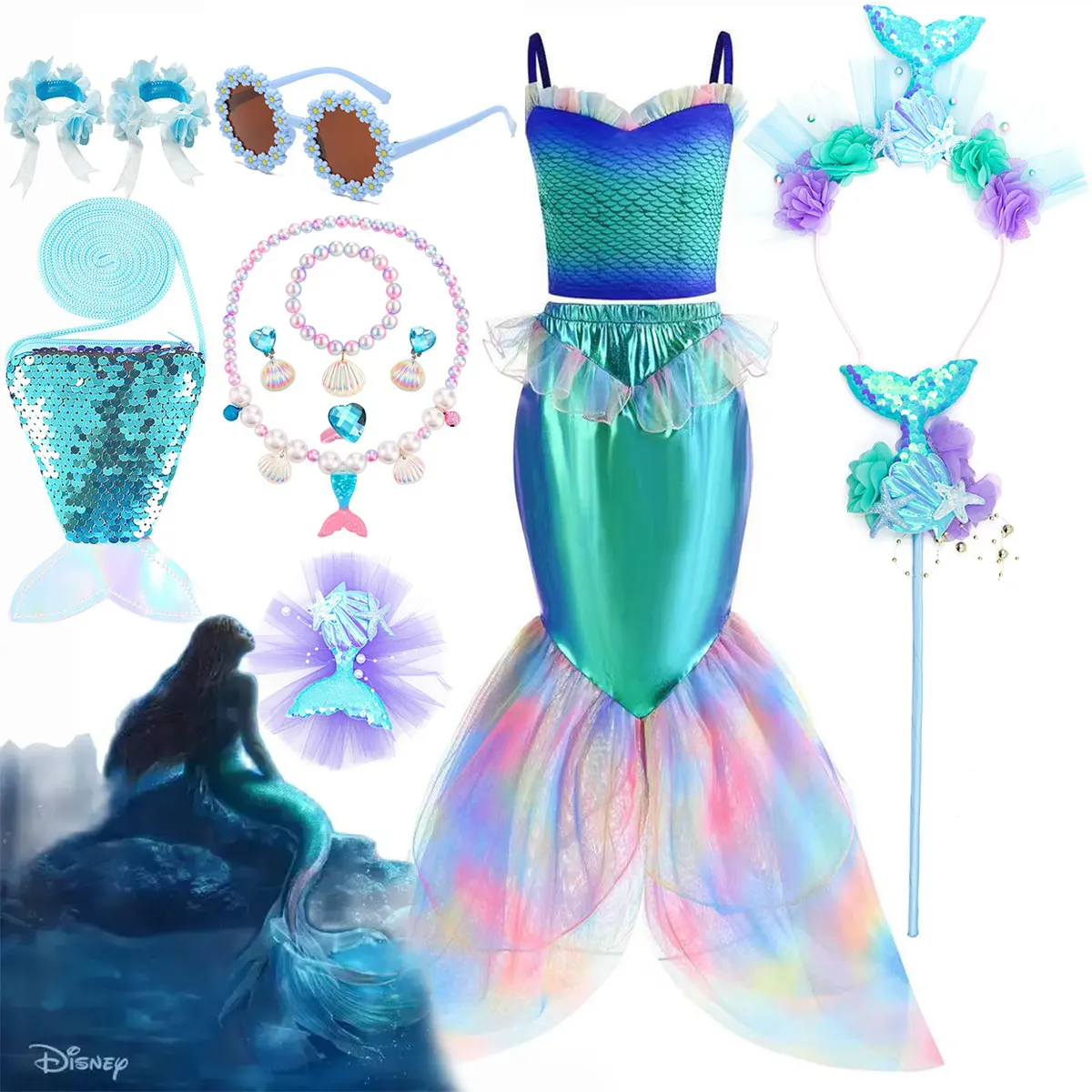 2024 Disney Little Mermaid Summer Cool Straps Dress For Girl Cospaly Blue Senza Maniche Princess Dress Carnival Party Lace Dress