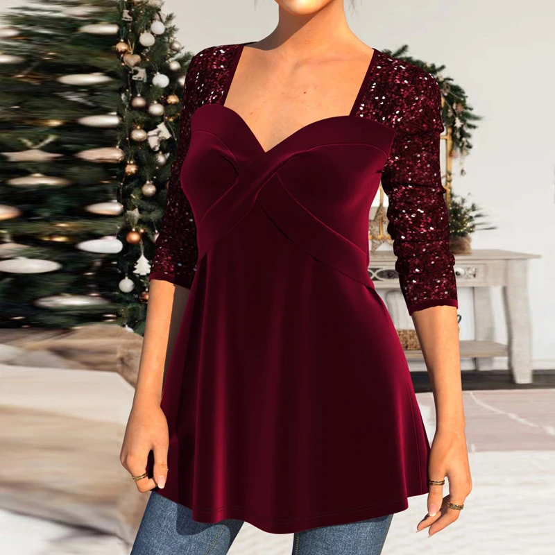 

Fashion Solid Sequin Splicing Seven-quarter Sleeve T-Shirt Top Ladies Party Christmas Top Sexy V-Neck Waist Skinny Top Pullover