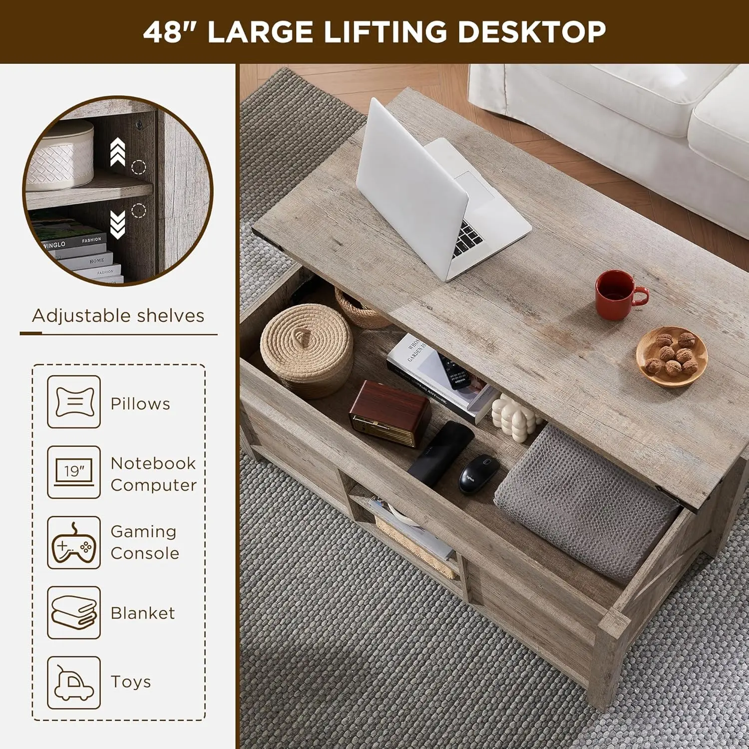 Farmhouse Lift Top Coffee Table with Sliding Door,48"Large Rustic Center Table with Hidden Storage Compartment, Lifting Tabletop