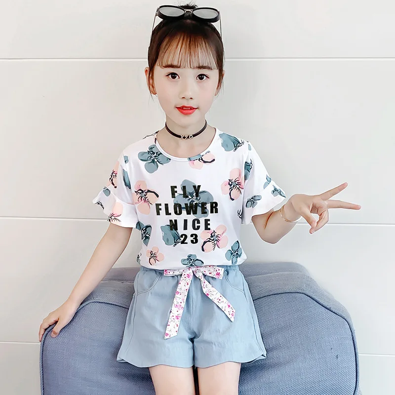 

Summer Suit for Girls 2023 New Baby Short Sleeve Flower T-shirt + Loose Shorts 2PCS Set Children Cute Clothing 4 6 8 10 12 Years