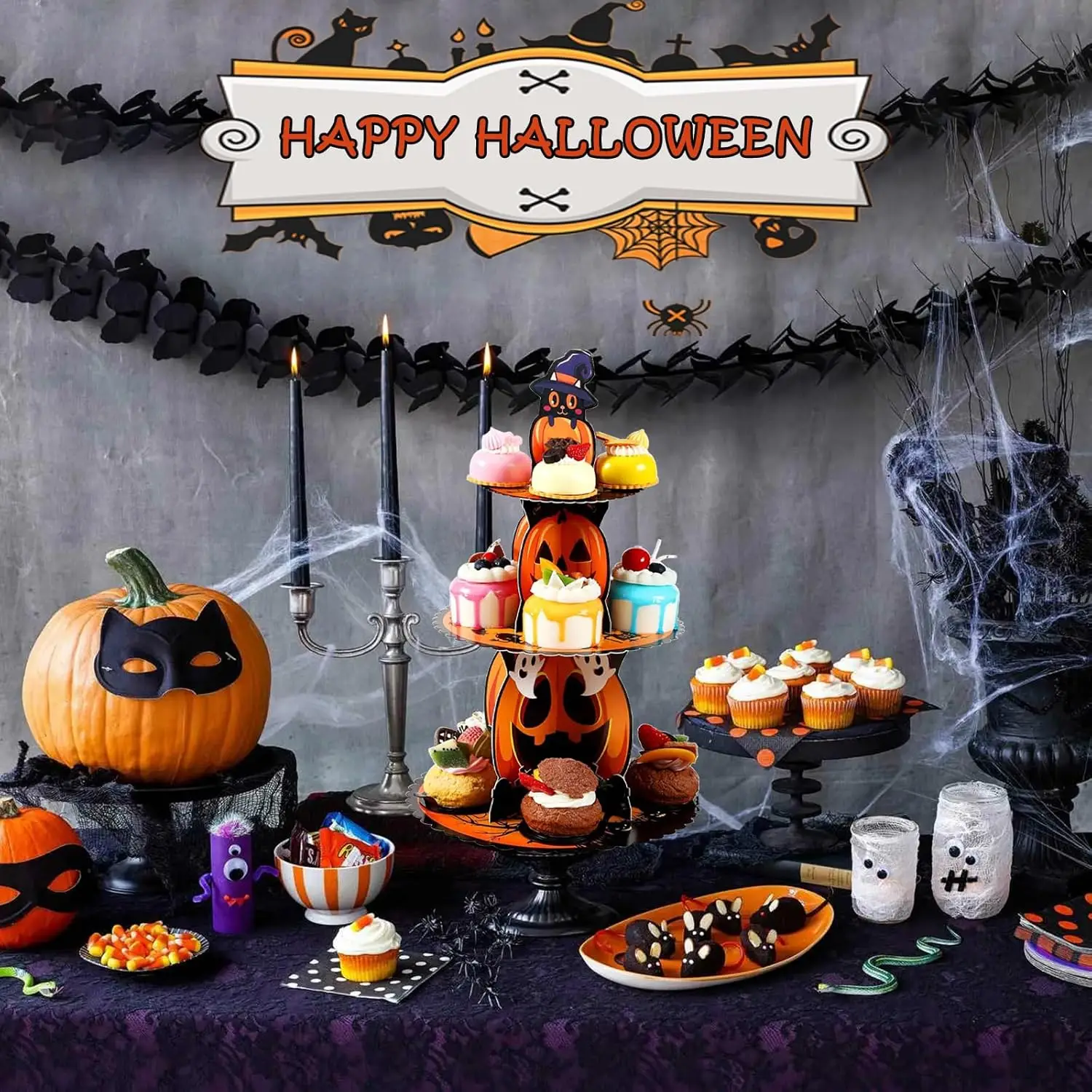Halloween Supplies 3-stufiger Cupcake-Ständer, runder Kuchenständer aus Pappe, Dessert, Baum, Turm, Partydekorationen, Partyzubehör – Detail 4