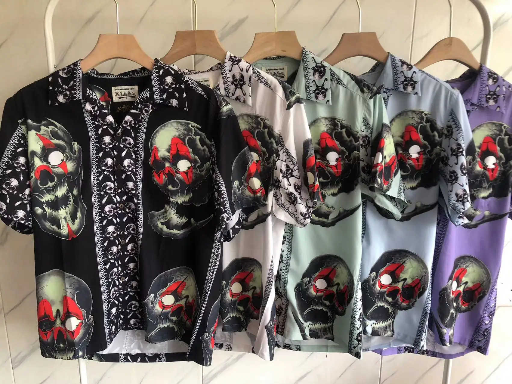 

23SS New Fasion WACKO MARIA Skull Goblin Shirts Buttons Pocket Lapel Tops Oversized Casual Short Sleeve Techwear