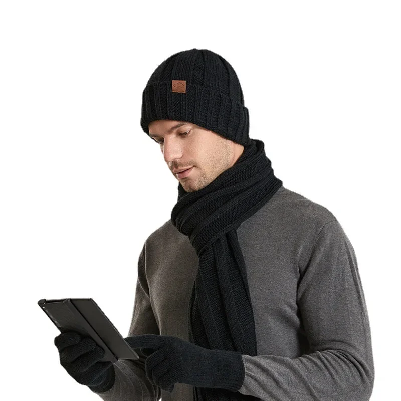 Knit Beanie Hats and Scarf Set for Men Women Touchscreen Gloves Warm Thin Velvet Lined Thick Ribbed Long Scaves Winter Outside