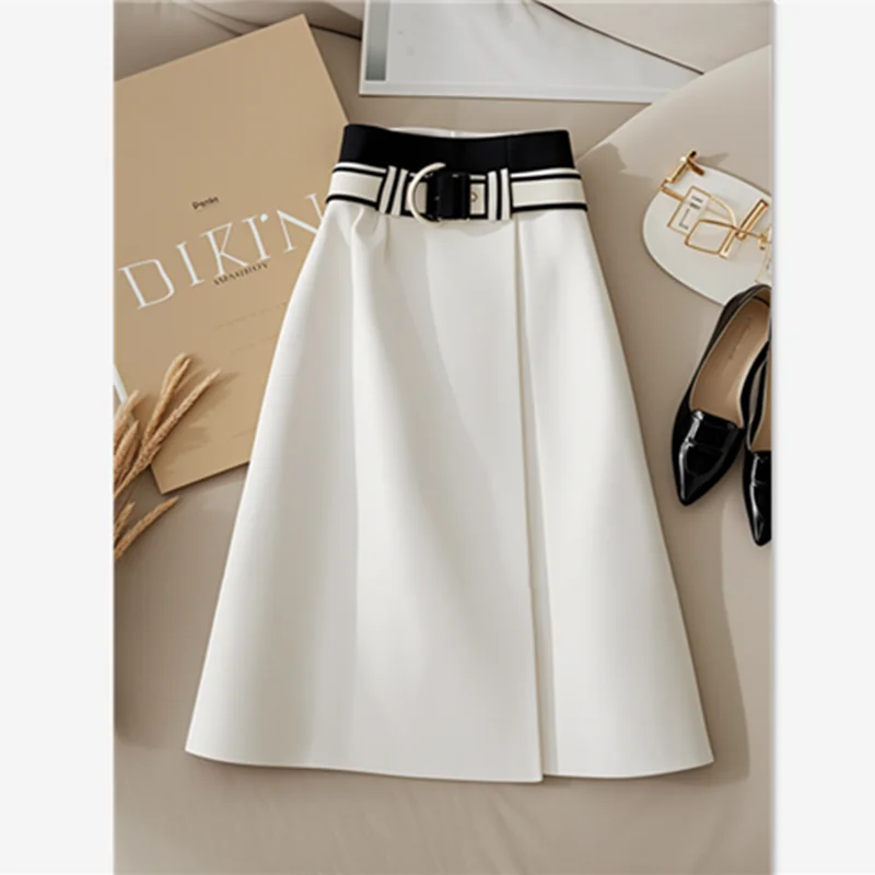 Fashion Women's Midi Skirt Spring Autumn New Woman Patchwork Folds High Waist A-Line Skirt Elegant Office Lady Mujer Faldas 457P