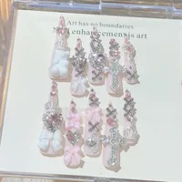 Y2K Pink Jirai Kei Cute Long Handmade Press On Nails Shibuya Gyaru Bow Heart Cross Diamond Stiletto Fake Nails Crown Nail Art