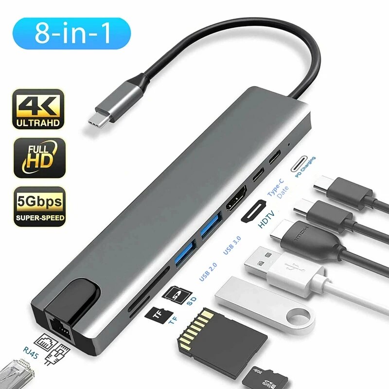 USB C Hub 8 In 1 Type C 3.1 To 4K HDMI Adapter with RJ45 SD/TF Card Reader PD Fast Charge for MacBook Notebook Laptop Computer