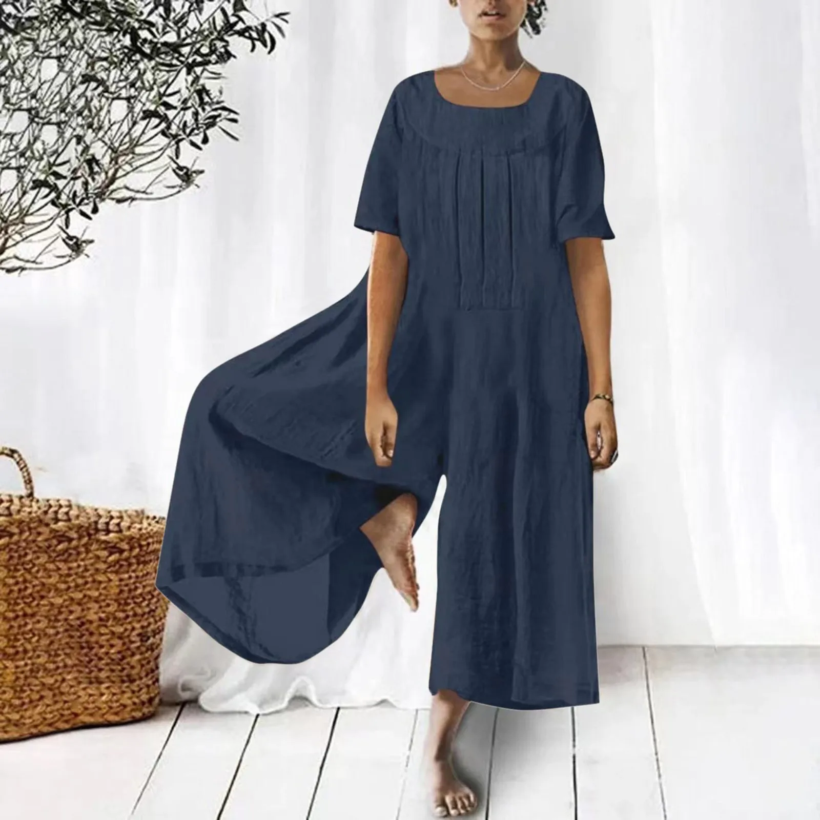 

Vintage Solid Cotton Linen Jumpsuit Women 2023 Spring Elegant Wide Leg Overalls Pants Summer Retro Short Sleeve Loose Rompers