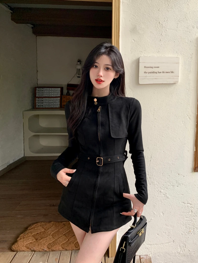 

Vintage Mid-length Stand-up Collar Slim Jacket Elegant Deerskin Velvet Belt Waisted Long-sleeved Women's Trench Coat Jacket New