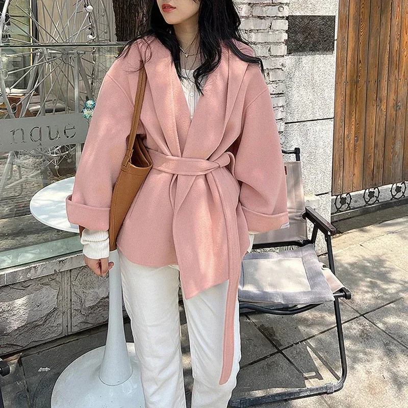 

Solid Color Hooded Double-sided Wool Coat Women Short Fashion Loose Lace-up Warm Woolen Coats Tweed Jacket Female Autumn Winter