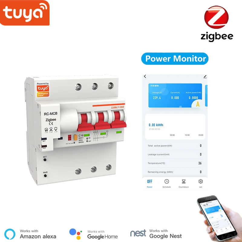 Tuya Zigbee Circuit Breaker 3P Zigbee Switch Overload Short Circuit