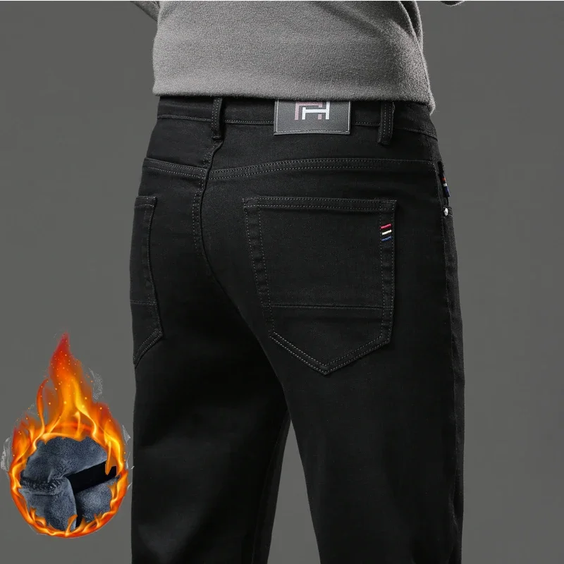 New Winter Casual Men Plush Wool Slim Fit Business Jeans Male Elastic Straight Fleece Denim Pants Warm Thick Fur Skinny Trousers 4