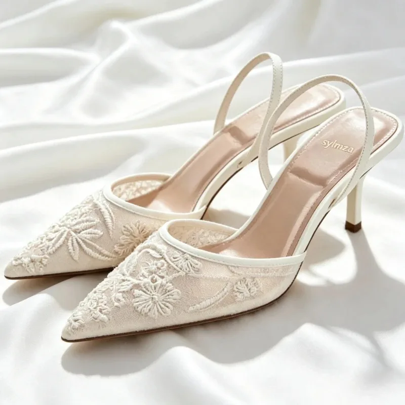 Mesh Embroider String Bead Detail High Heels Women Sexy Brown Pointed Toe Back Strap Heeled Sandals Summer Elegant Women Shoes