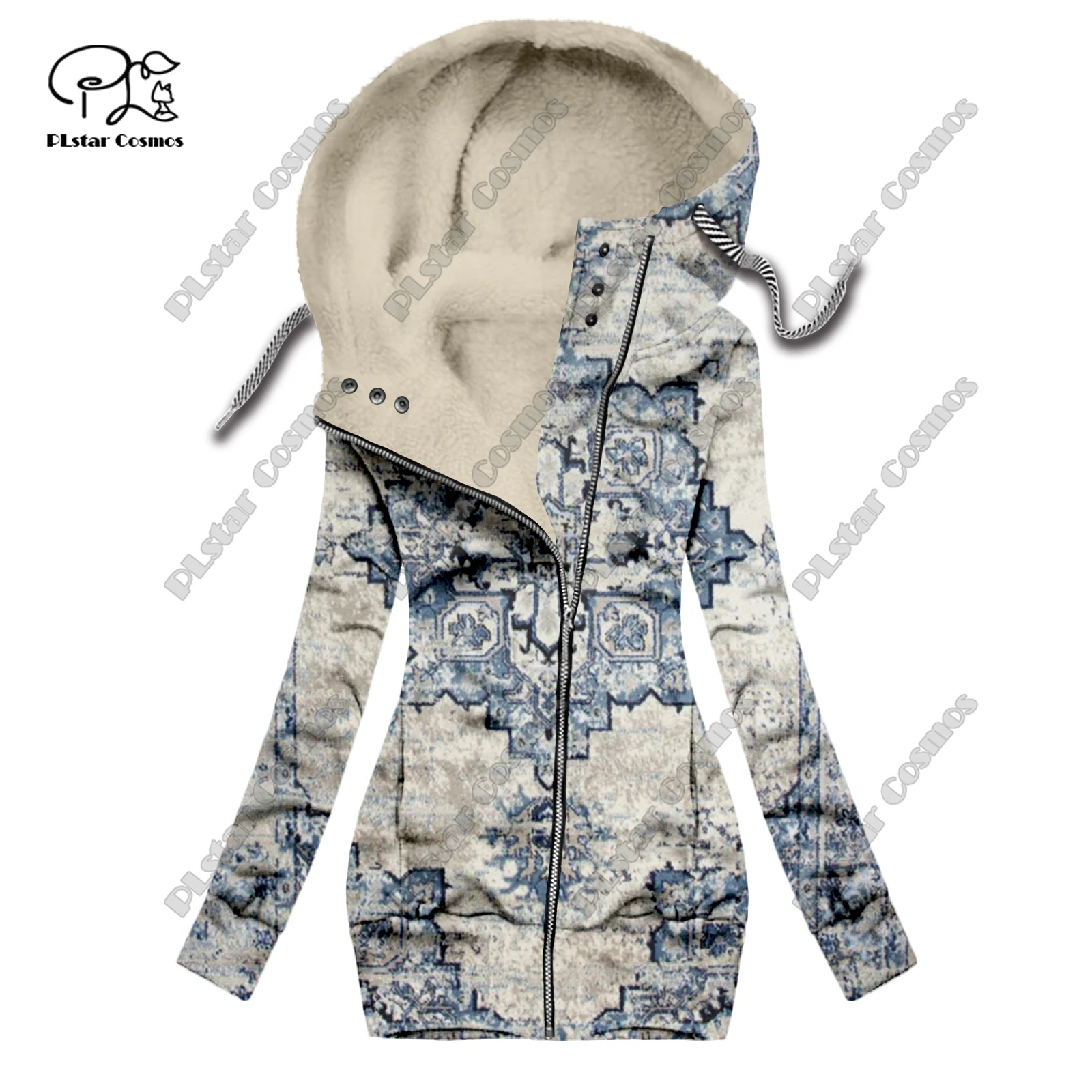 New 3D printing retro series carpet print pattern plus velvet warm women's long zipper hoodie jacket commuting casual winter F-9