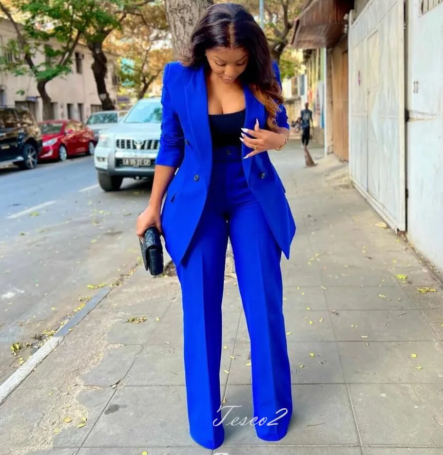 Tesco Royal Blue Women's Pants Sets Double Breasted Blazer Wide Leg Pants Casual Women Suit 2 Piece conjuntos de calça