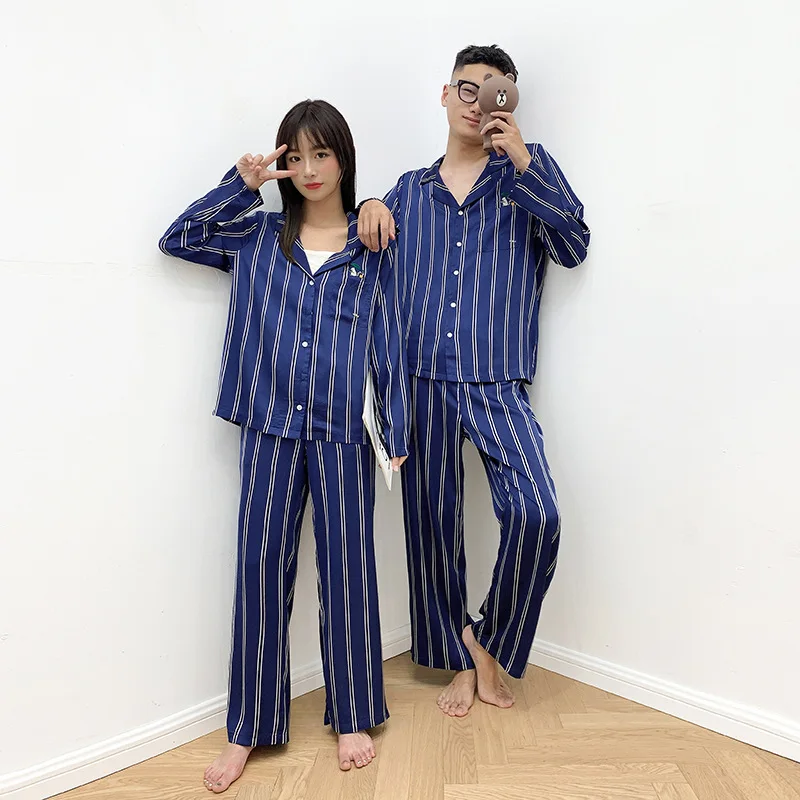 

Blue Striped Ice Silk Pajamas for Women/Men Couples Pajamas Set Satin Lounge Set Long Sleeve Sleepwear DropShipping