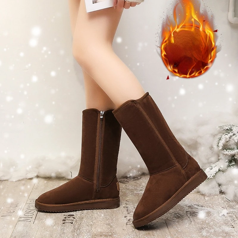 

Теплые женские сапоги до середины икры на флисе, новинка 2023, зимние женские сапоги до колена с круглым носком, повседневные универсальные замшевые коричневые длинные сапоги для снега