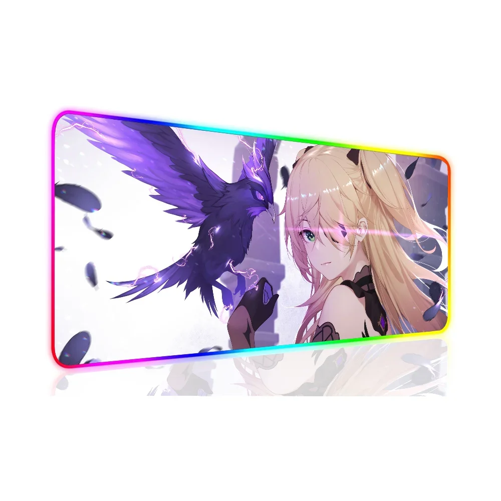 1pc Fischl Genshin Impact XXL RGB Gaming Mouse Pads HD Black Gamer Accessories Large LED 6