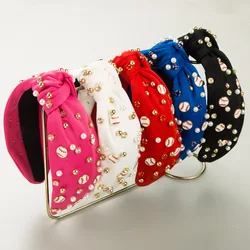 2024 European and American New Baseball Pearl Decorative Headband Fashion Retro Wide Cloth Hairband Hair Accessories