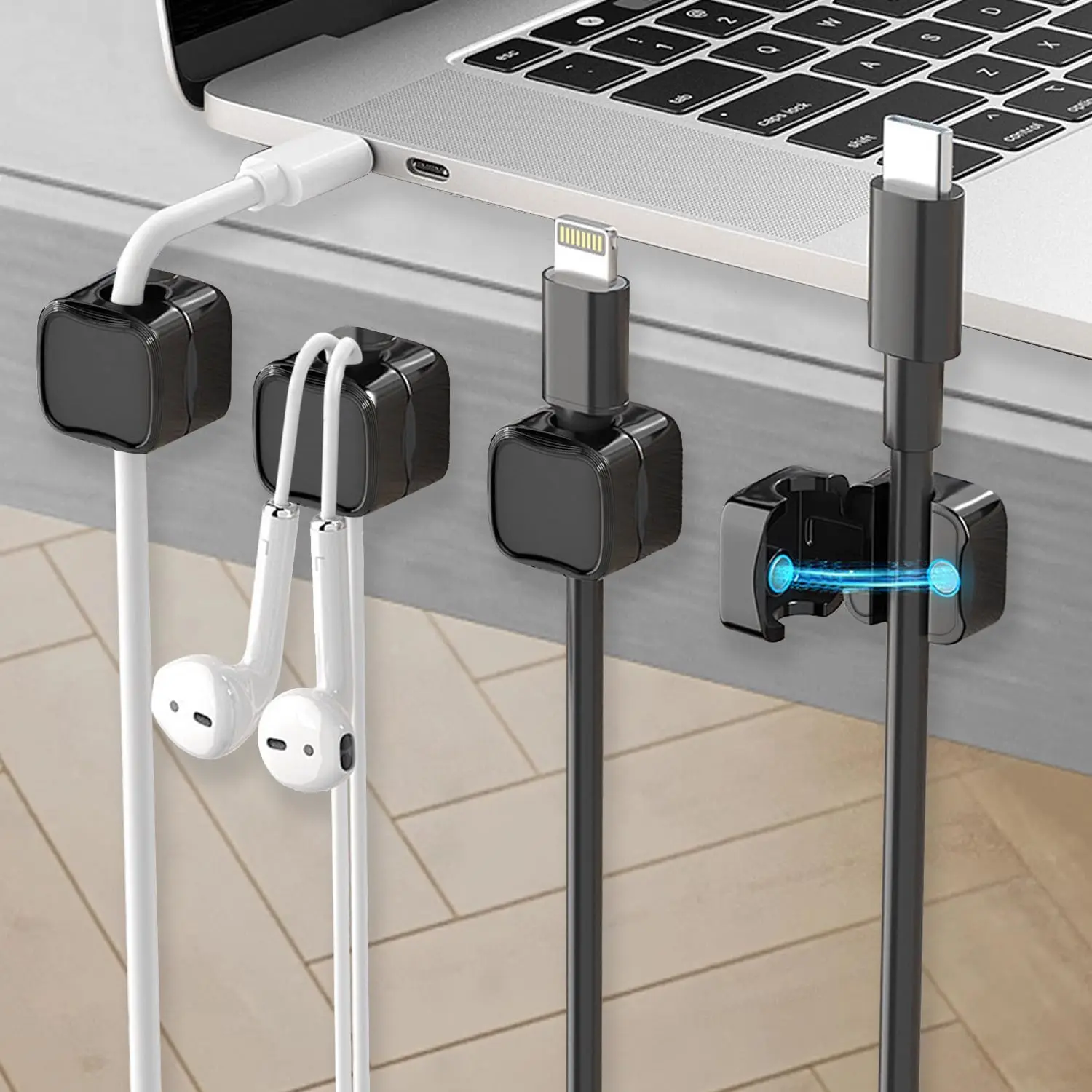 Organizador De Cables Magnético - 6 Clips Adhesivos Para Cargadores USB | Soporte Para Cables En Escritorio, Coche O Casa