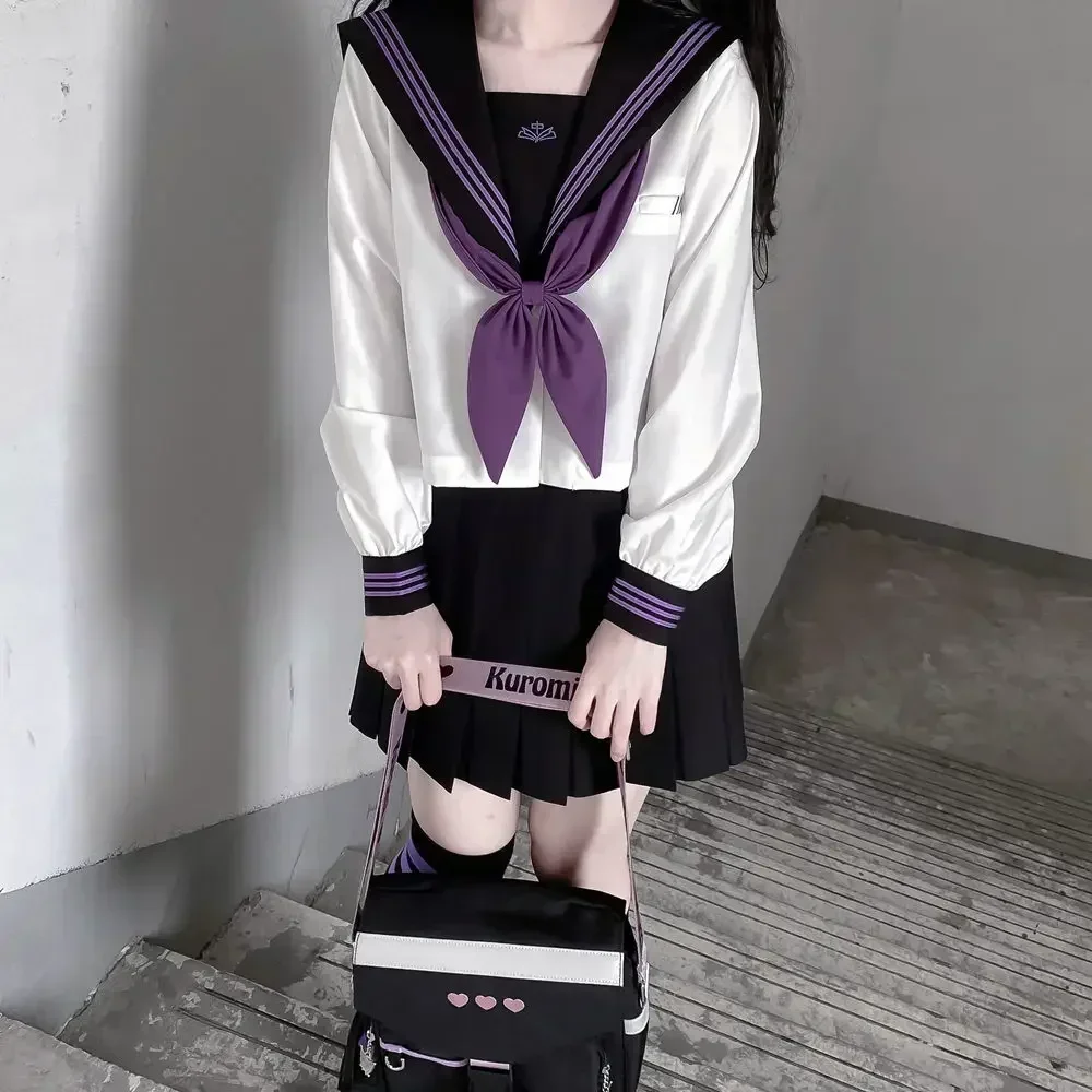 

High School Girl Uniform Japanese Seifuku Sailor Suit Purple Tie Korean Student Kawaii JK Uniform Cosplay Black Leated Skirt