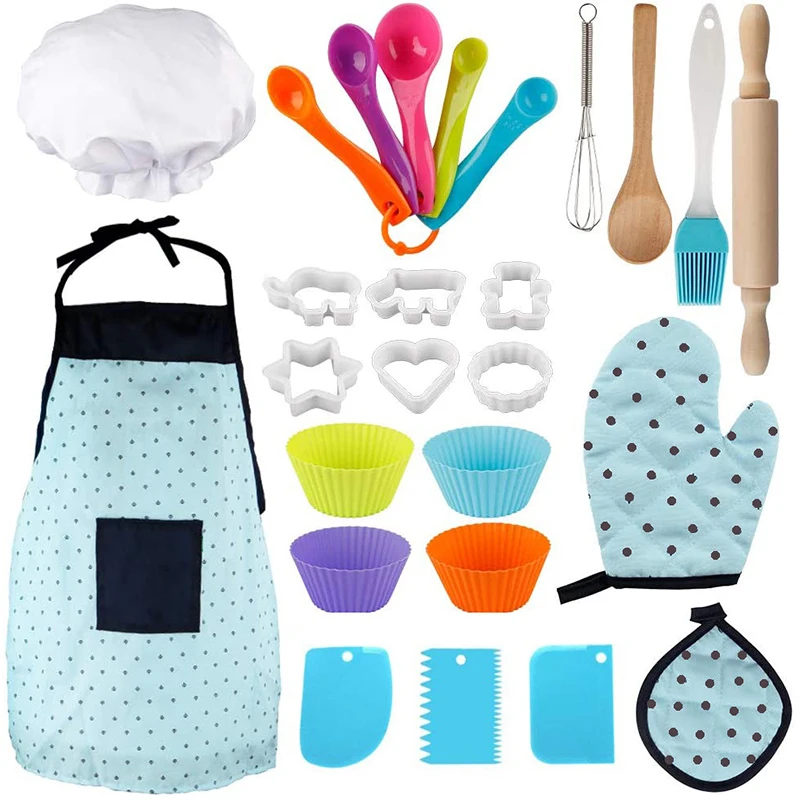 Children Cooking Baking Set Kitchen Toys Role Play Chef Hat Gloves Utensil Kitchenware Cooking Set Toddler Dress Up Toys Girls